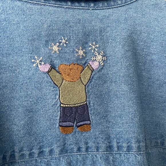 Vintage C.J. Banks Cute Winter Bears Embroidery 100% Cotton Blue Denim Shirt - Picture 8 of 14